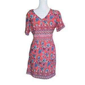 Coline Women Coral Pink Floral V-Neck Short Sleeve Tie Shift Dress NWT Size M